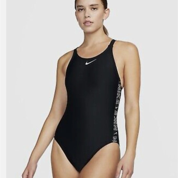 Nike Women's Logo Tape Fastback One Piece Swimsuit # 32/6 Black White NWT - Picture 1 of 11